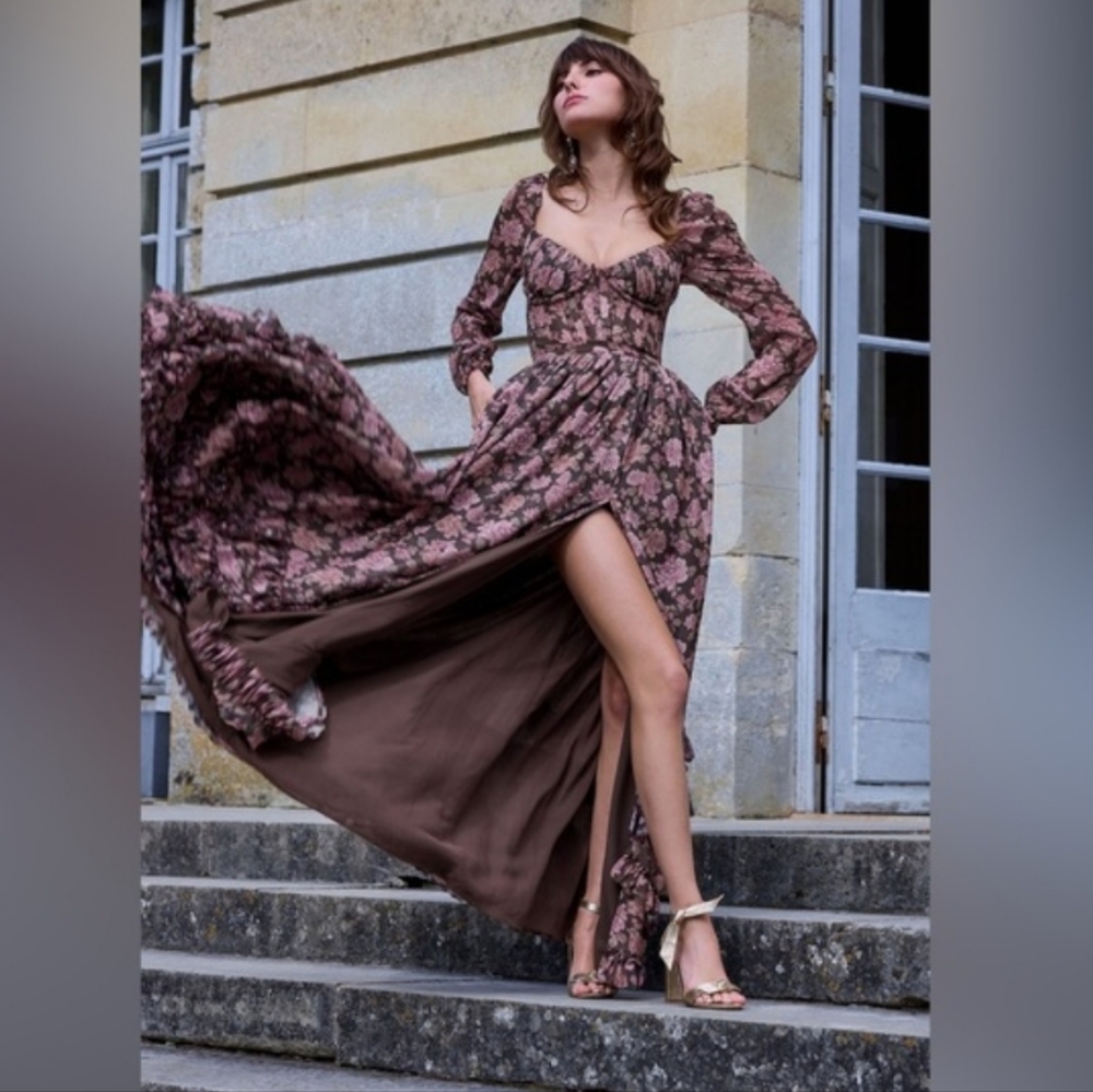 V. Chapman Carmella Long-Sleeve Corset Side-Slit Chiffon Maxi Dress